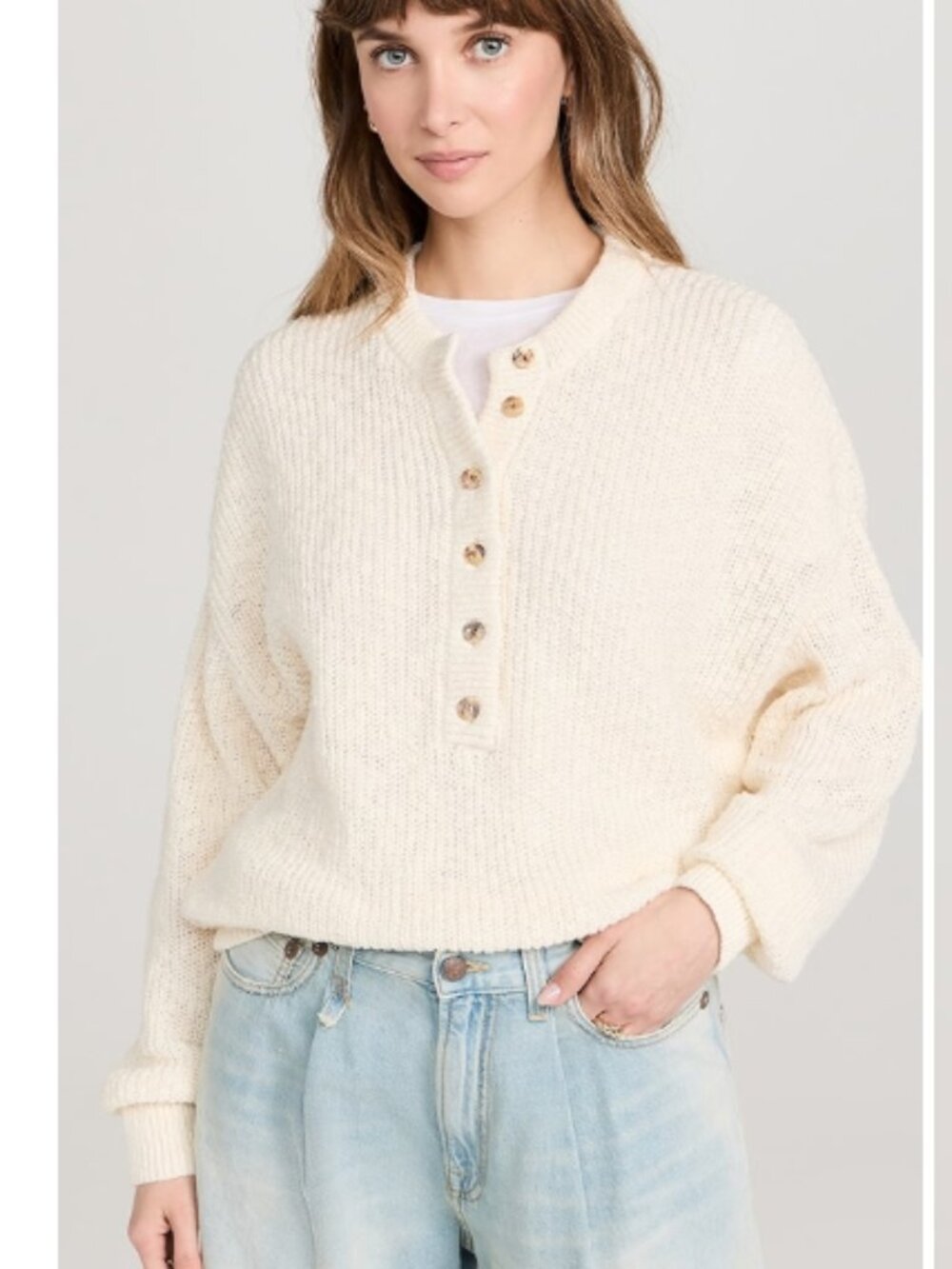 AMO Gertrude Henley Sweater Bone Cream Ribbed Cotton Size Large